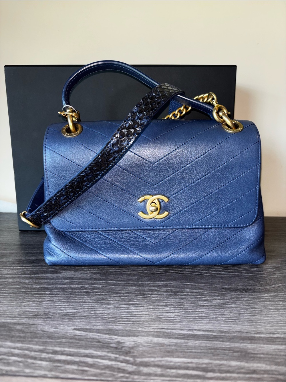 Chanel Navy Chevron Quilted Flap Top-Handle Bag Gold Hardware Python Leather